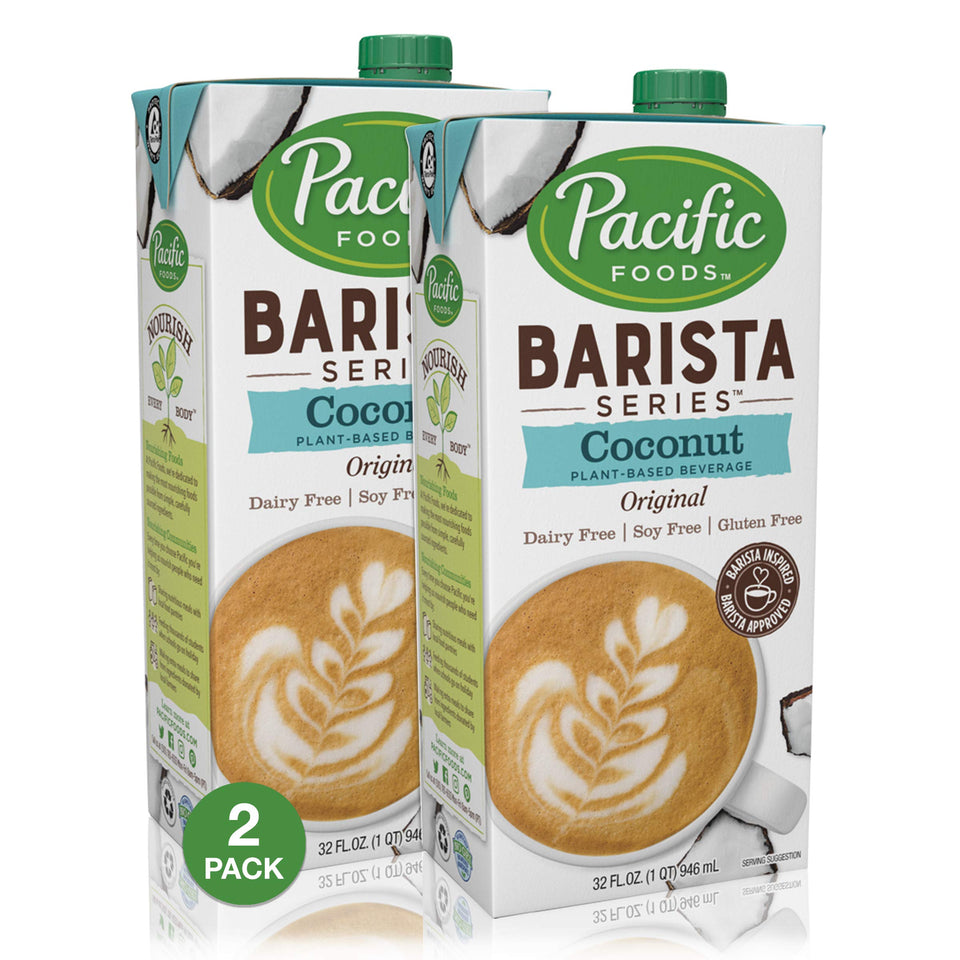 Pacific Natural Foods Barista Series Coconut Milk pack-shot highlighting two 32 oz bottles for home café use.