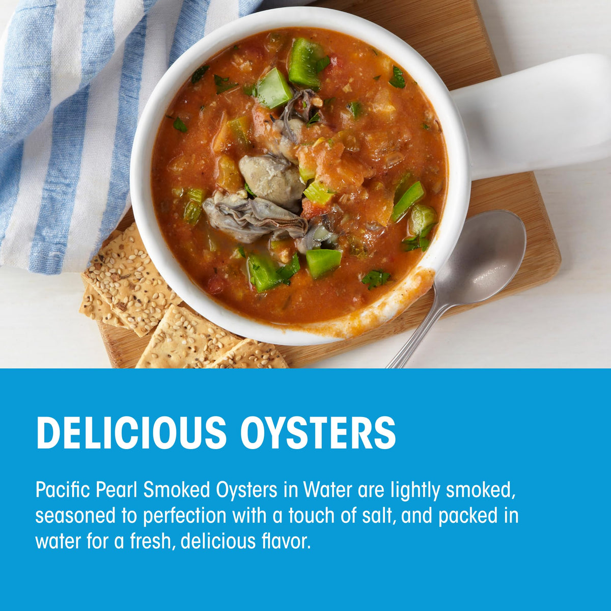 Pacific Pearl smoked oysters in water bulk 12-pack display for pantry stocking.