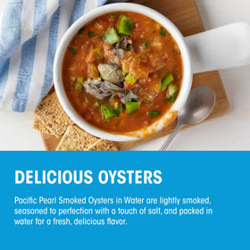 Pacific Pearl smoked oysters in water bulk 12-pack display for pantry stocking.