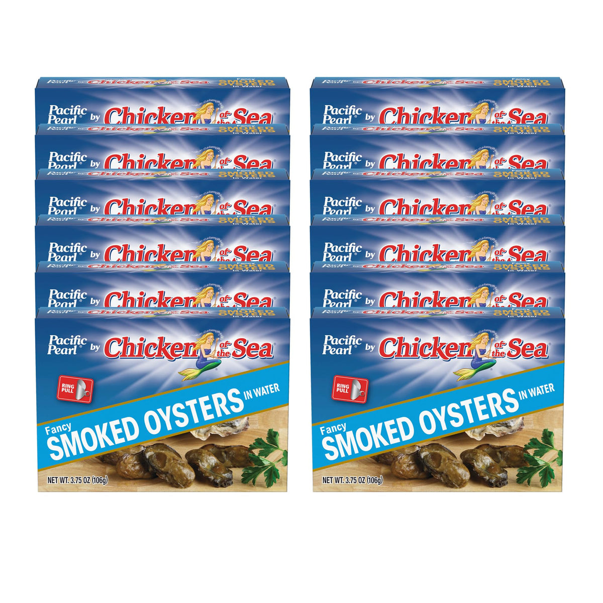 Pacific Pearl smoked oysters in water can packaging highlighting fresh flavor and pantry-ready convenience.