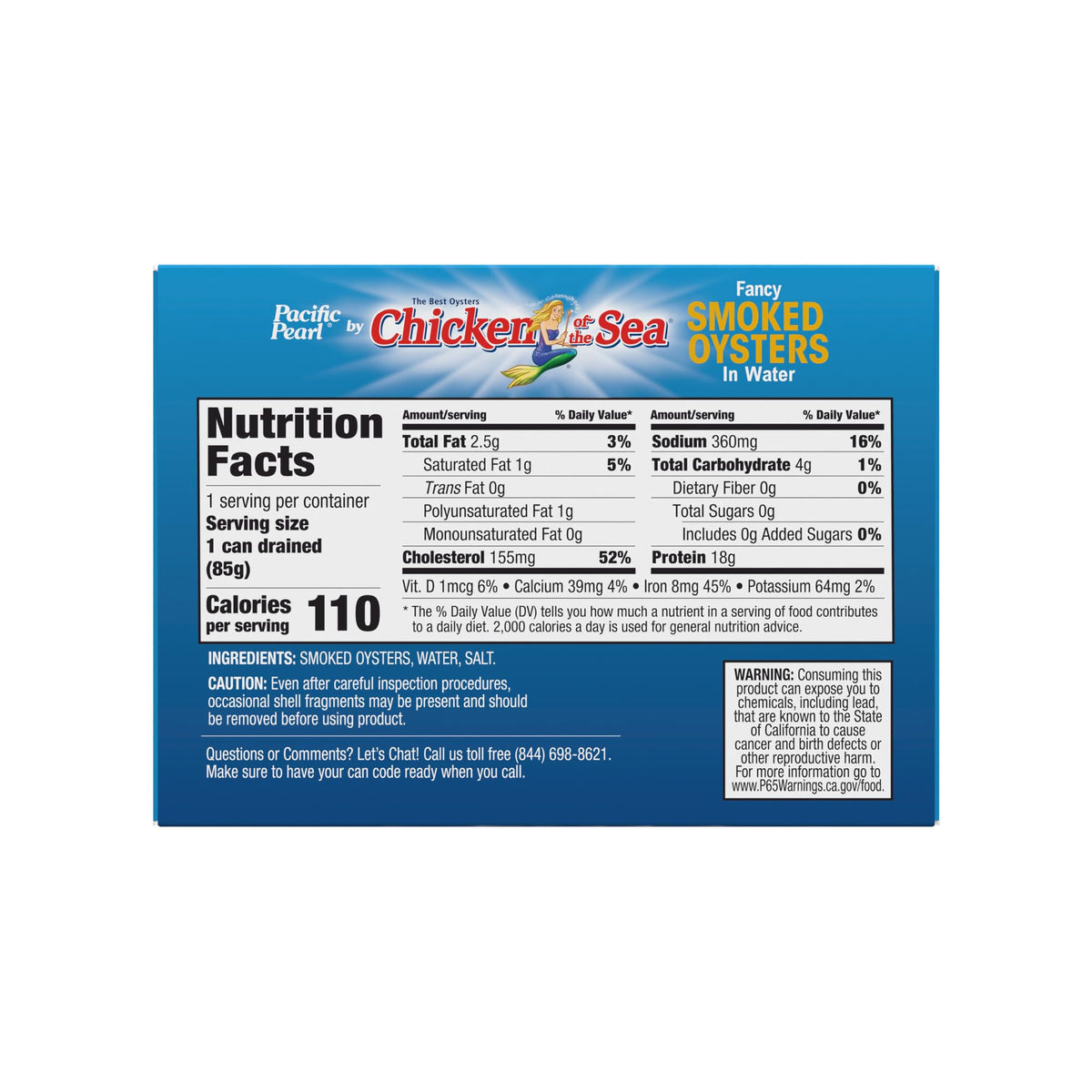 Pacific Pearl smoked oysters in water nutrition label emphasizes protein and minerals for balanced snacking.