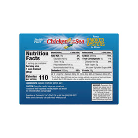 Pacific Pearl smoked oysters in water nutrition label emphasizes protein and minerals for balanced snacking.