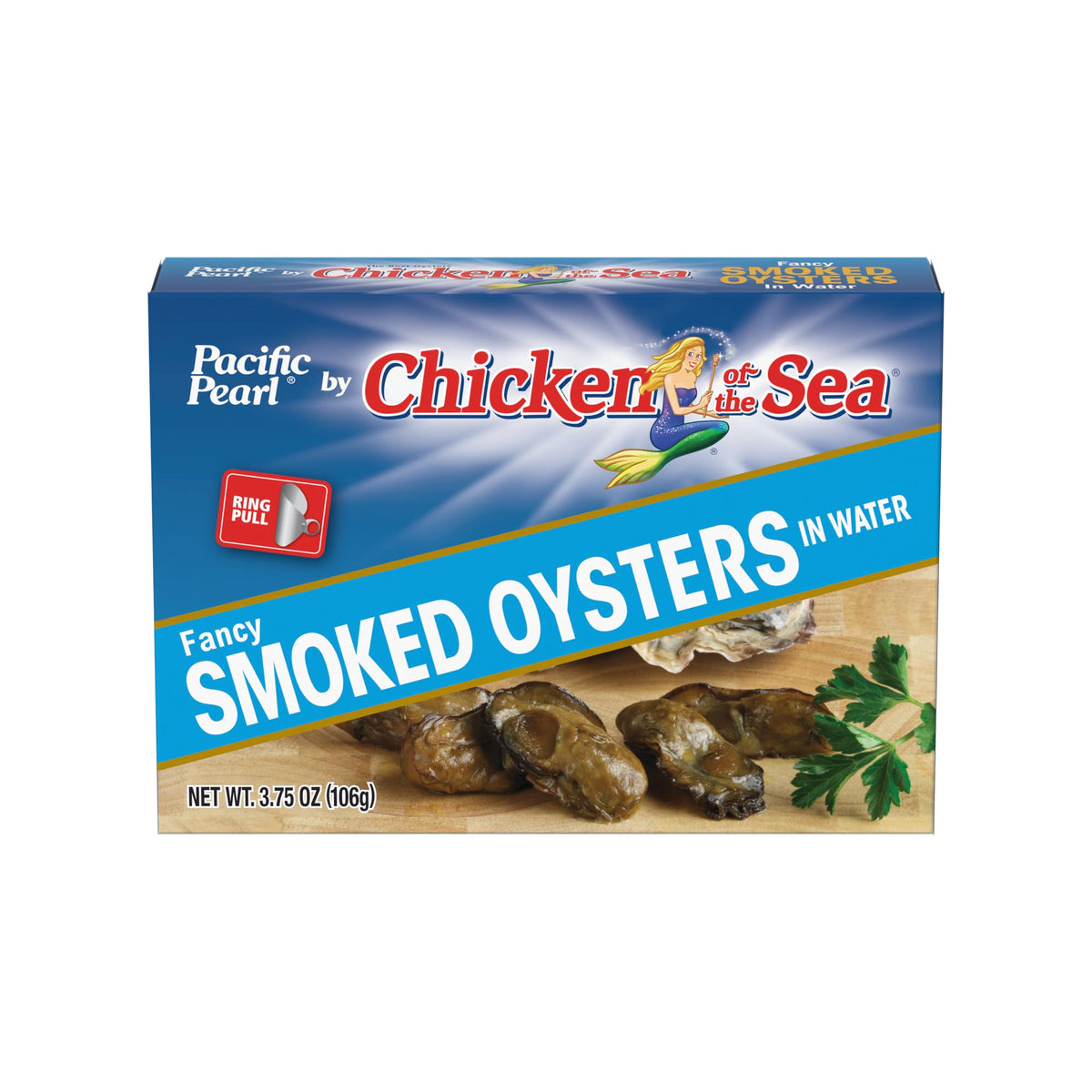 Pacific Pearl smoked oysters in water can, opened, ready to pair with crackers and lemon.