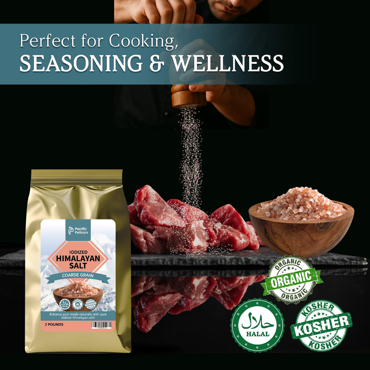 Pacific Pelican iodized Himalayan pink salt adds mineral-rich seasoning to meals.