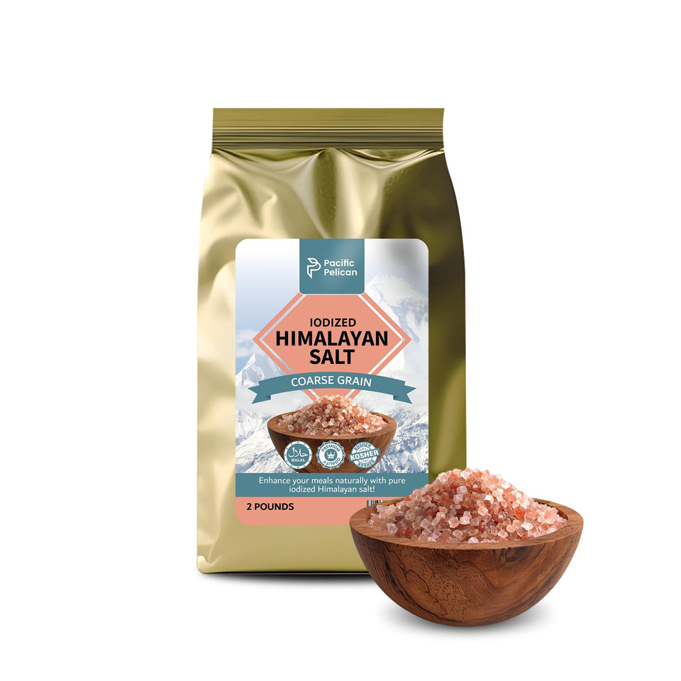 Pacific Pelican iodized Himalayan pink salt coarse grain crystals for precise seasoning.