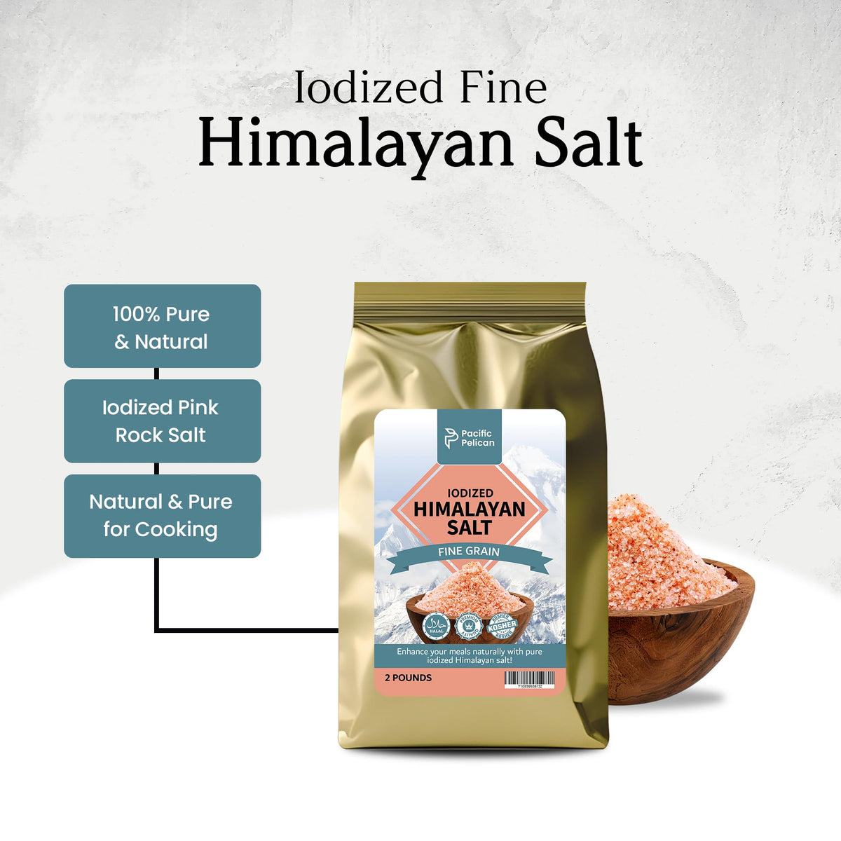 Pacific Pelican iodized Himalayan salt 2lb-pack ready for bulk cooking