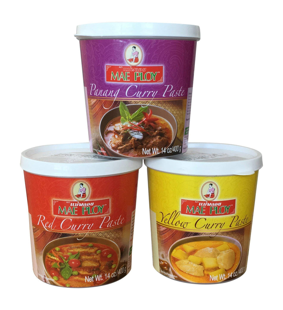 Pacific Rim Gourmet Mae Ploy curry paste variety pack in three 14 oz jars for quick Thai meals.