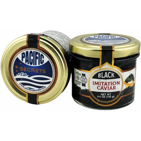 Pacific Secrets Black Vegan Caviar jar front shows premium plant-based caviar presentation.