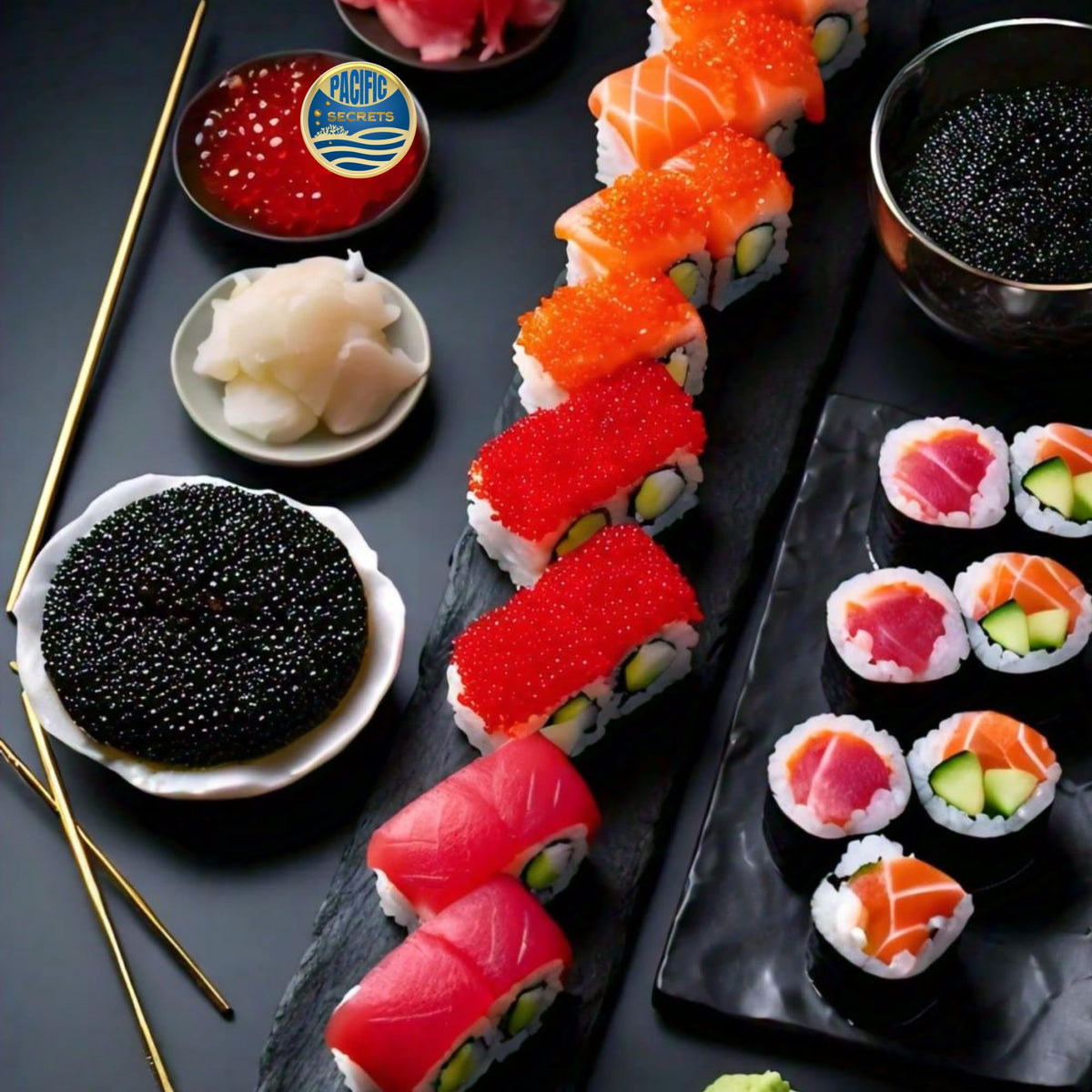 Pacific Secrets kosher certification label and Israel production note support trusted vegan caviar quality.