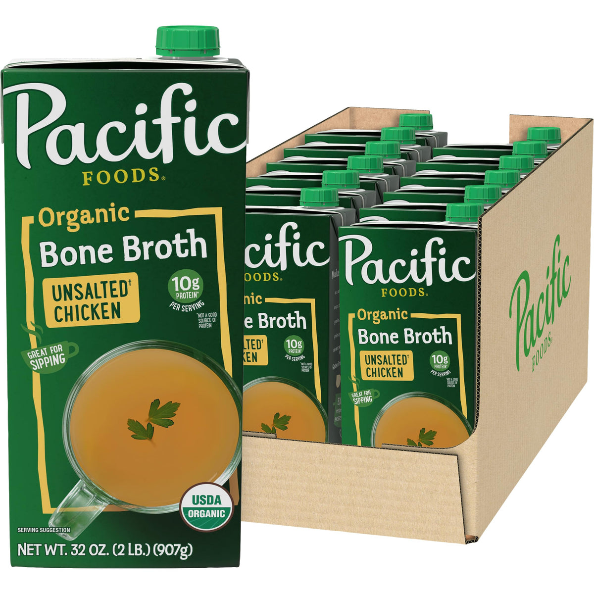 Pacific Foods Organic Unsalted Chicken Bone Broth carton front showing wholesome stock for meals