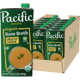 Pacific Foods Organic Unsalted Chicken Bone Broth carton front showing wholesome stock for meals