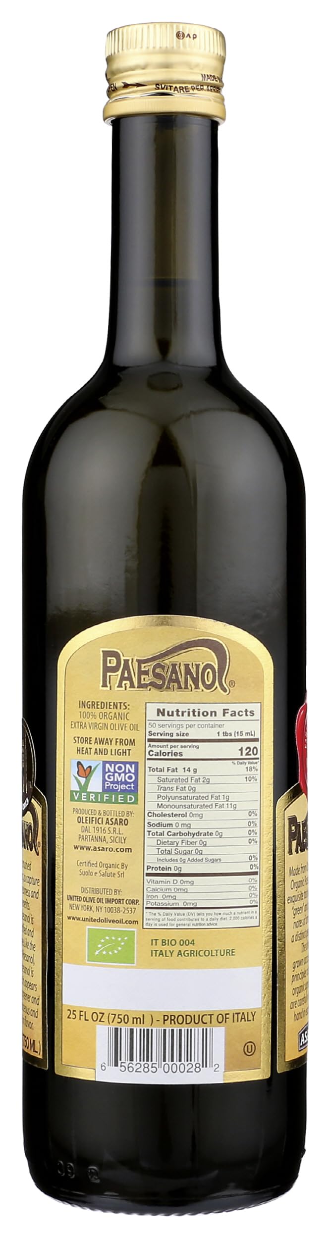 Paesano Olive Oil glass bottle label close-up for premium organic quality.