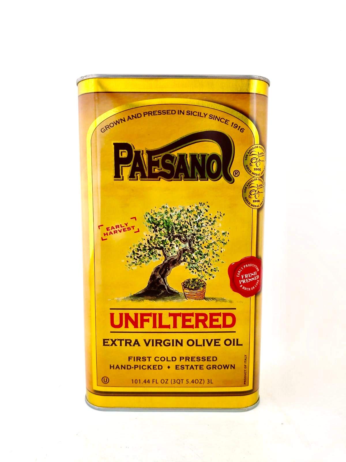 Paesanol bottle pouring unfiltered olive oil shows vibrant green color and rich finishing potential.
