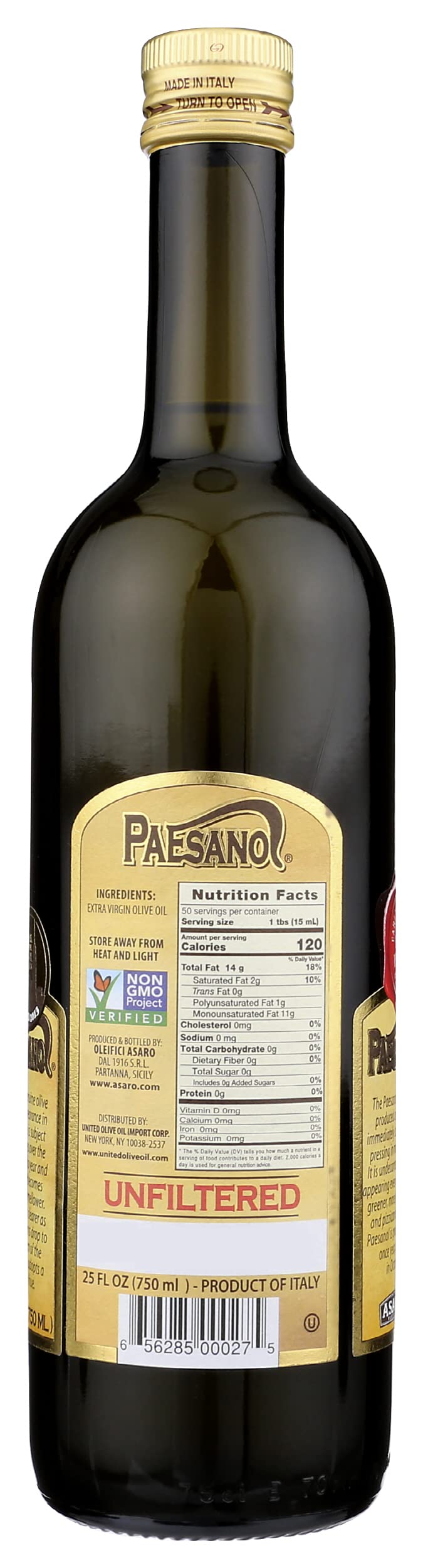 Close-up of Paesanol oil s cloudy emerald color signaling natural unfiltered quality.
