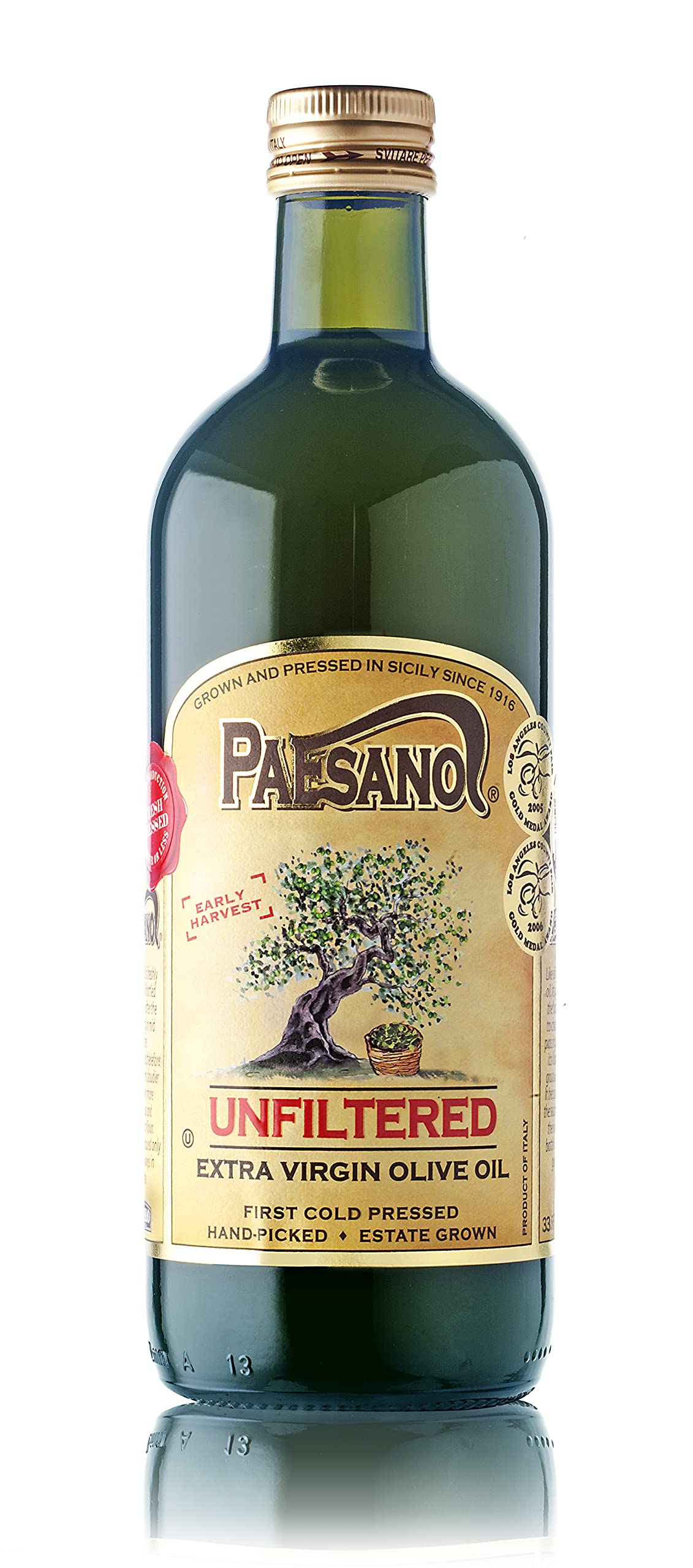 Paesanol extra virgin olive oil bottle, unfiltered, showcasing vibrant green hue.