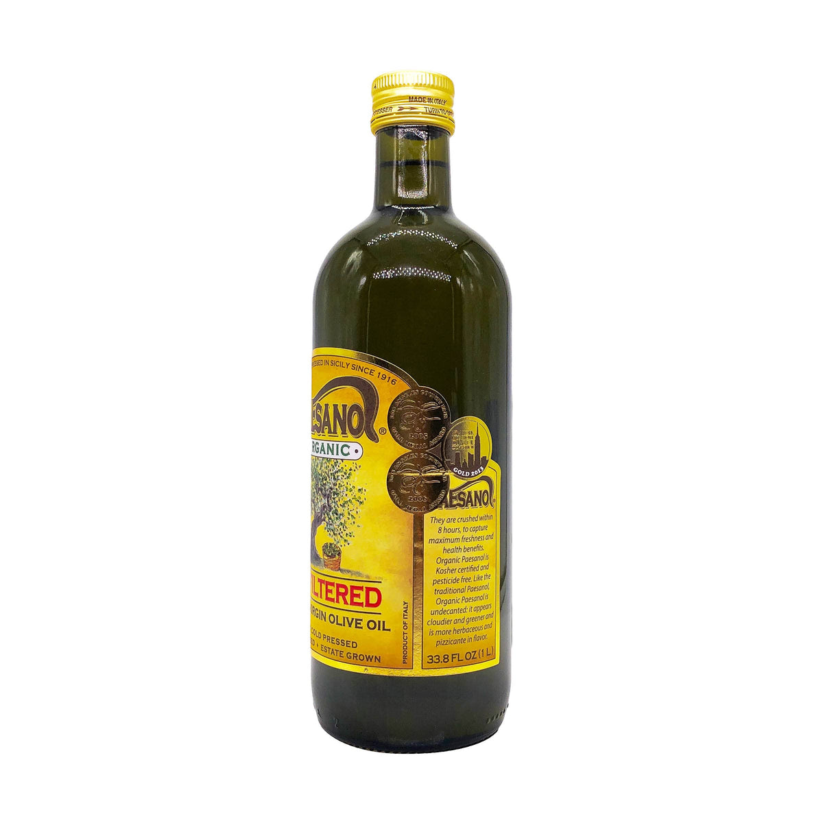 Paesanol unfiltered olive oil clouded green stream from bottle.