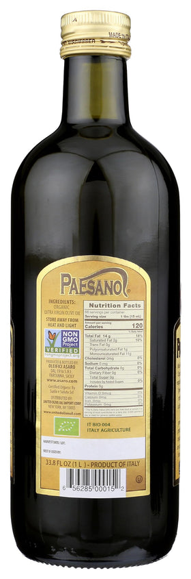 Close-up of Paesanol green unfiltered olive oil with cloudy appearance.