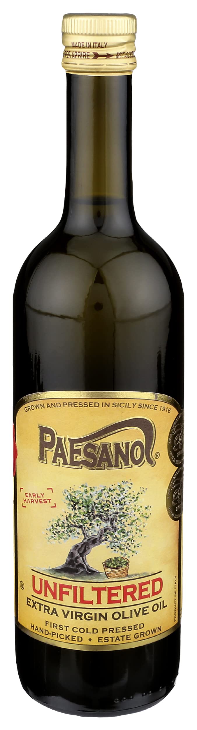 Paesanol unfiltered olive oil bottle with vibrant green hue for finishing dishes.