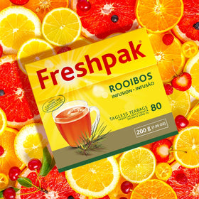Eco-friendly, dye-free Freshpak Rooibos tea bags in packaging.