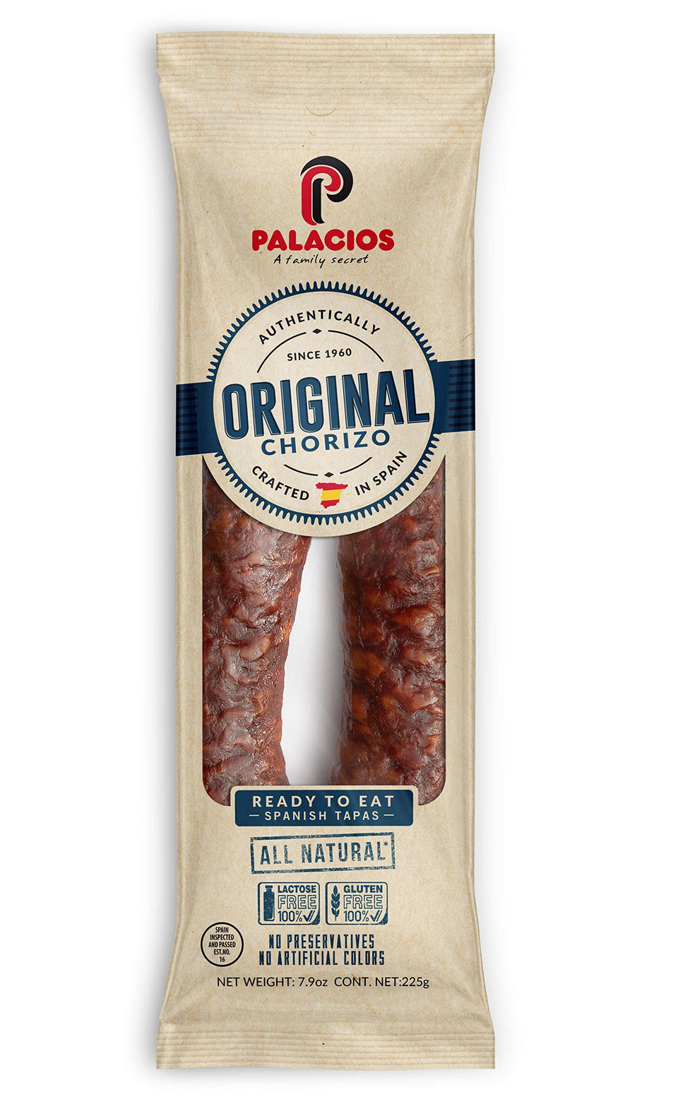 Palacios Chorizo Autentico Mild whole sausage ideal for grilling or paella.