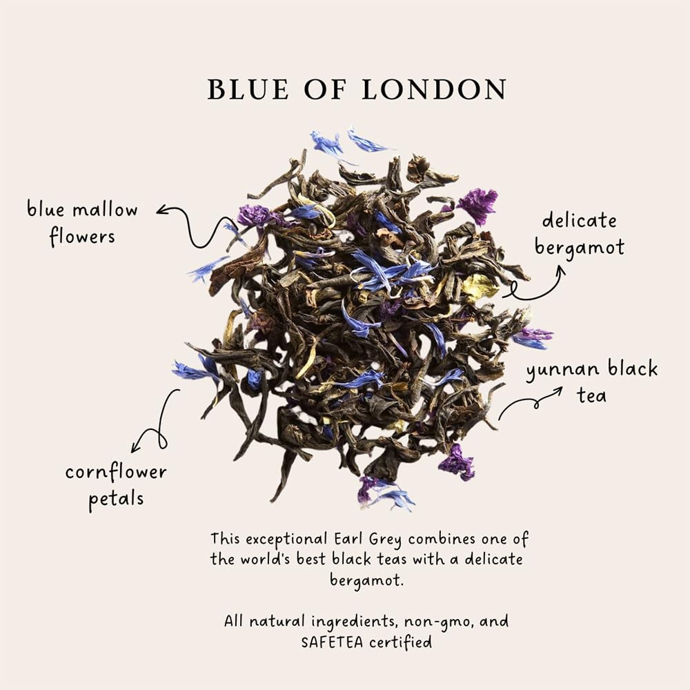 Blue of London loose leaf tea closeup reveals bergamot and cornflower aroma
