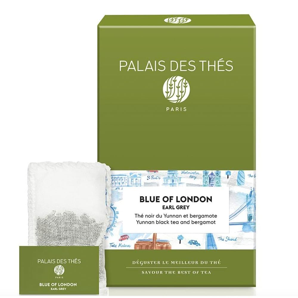 Palais des Thés Blue of London bergamot tea bag for bright afternoon flavor.