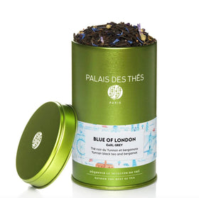 Palais des Thés Blue of London tin front, premium Earl Grey packaging for gifting