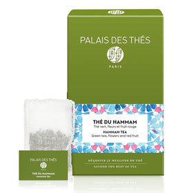 Palais des Thés Hammam Green Tea bag pack with rose and red berries for a soothing flavor.