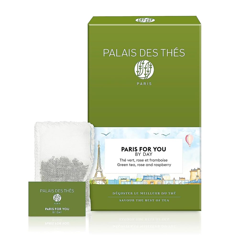 Palais des Thés Paris For You By Day green tea with rose and raspberry tea bags ready for brewing.