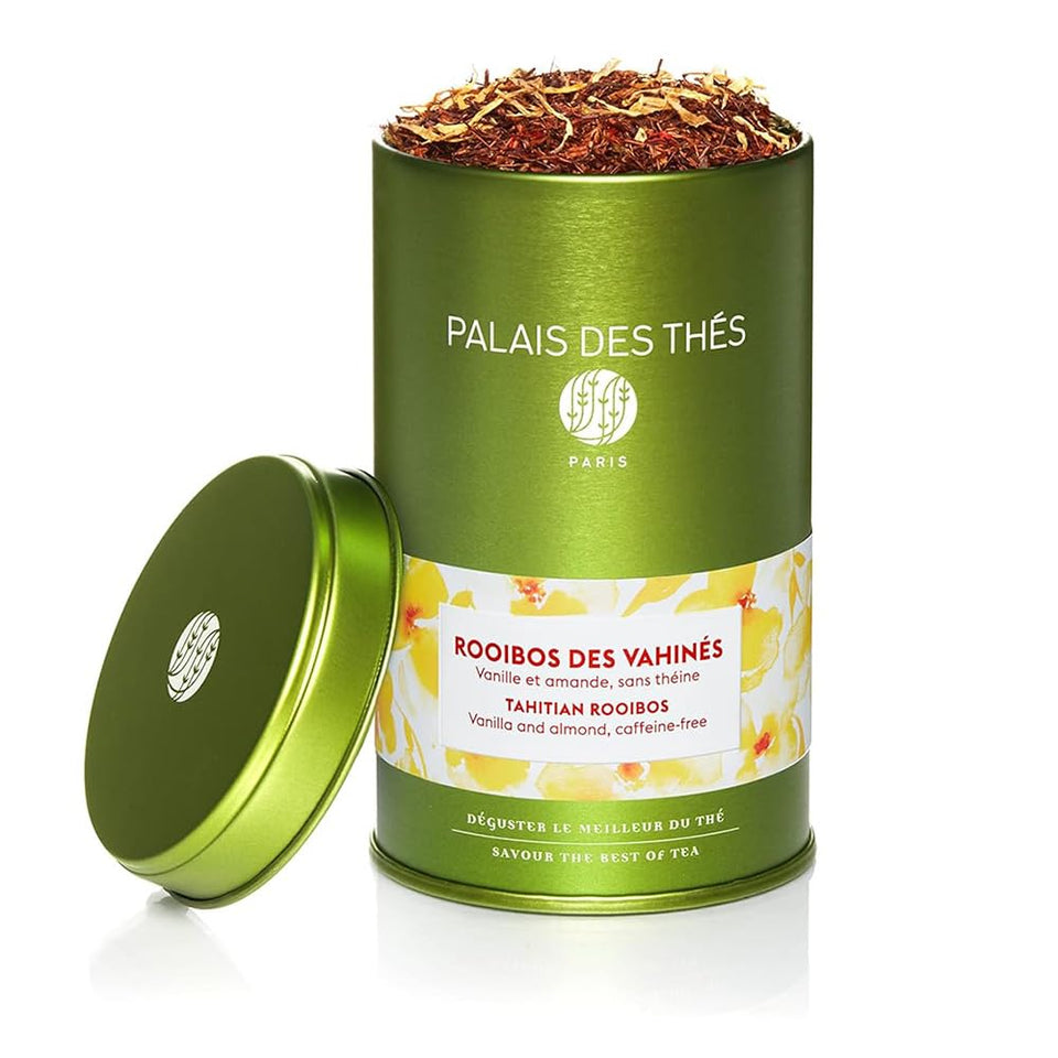 Palais des Thés Tahitian Rooibos tin front view, premium packaging for gifting.