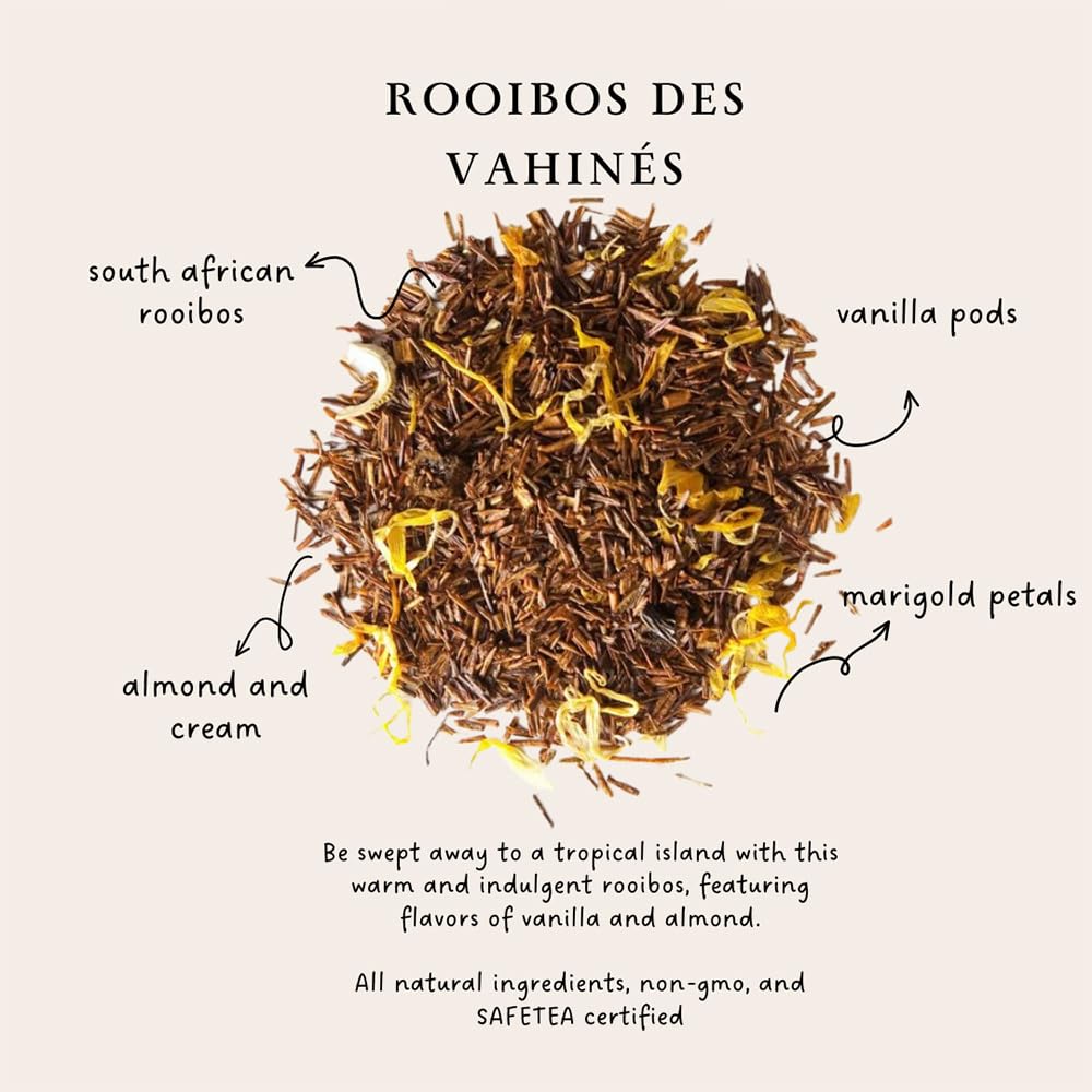 Loose-leaf Tahitian Rooibos with vanilla and almond notes, showcasing aroma.