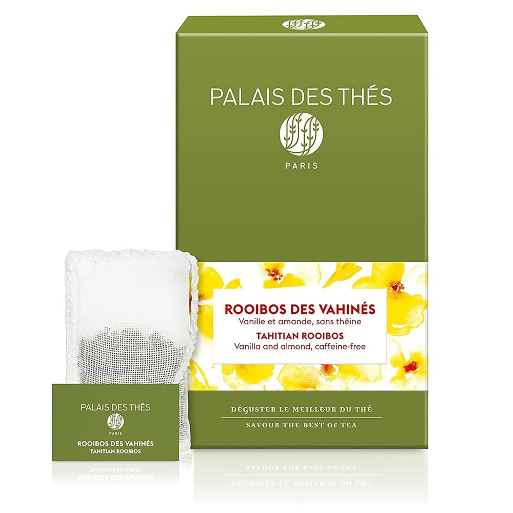 Palais des Thés Tahitian Rooibos vanilla almond tea bags ready to brew for a soothing cup