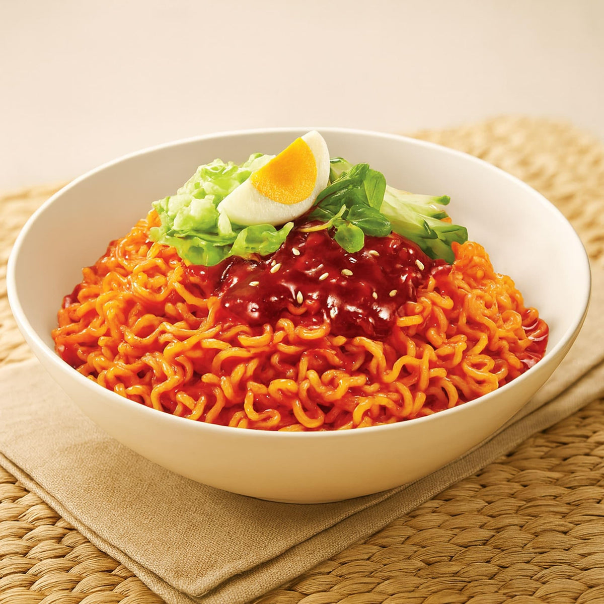 Paldo Bibim Cold Noodle 5-pack display on kitchen counter.