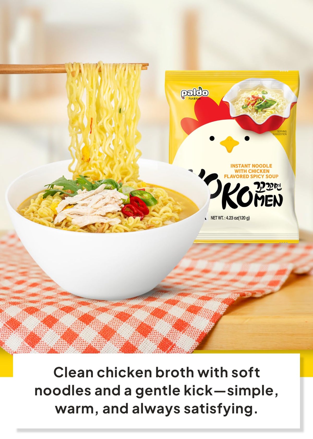 Paldo Kokomen broth close-up highlighting light savory chicken flavor
