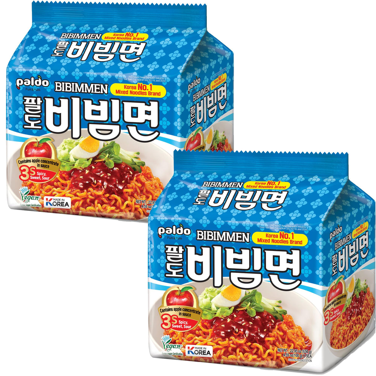 Paldo Fun and Yum Bibim Men sauce packet highlights sweet and spicy flavor.