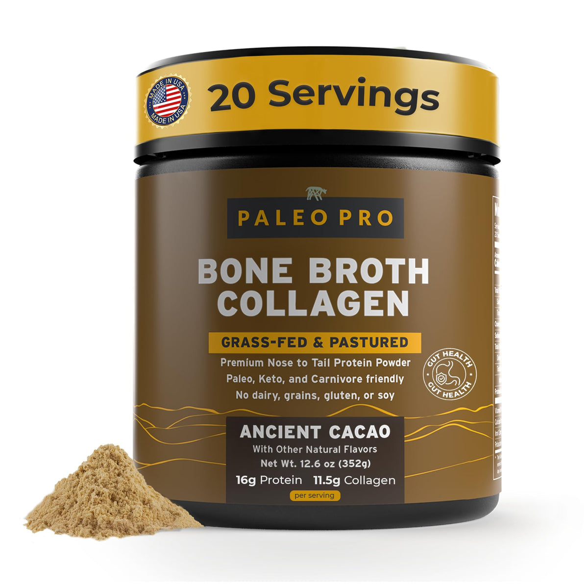 Paleo Pro bone broth collagen powder tub, high-protein blend for daily support