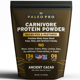 Paleo Pro Carnivore Complete Ancient Cacao bag on kitchen counter highlighting keto-friendly protein