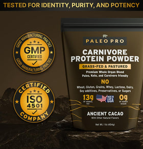 Paleo Pro Carnivore Complete scoop in glass bottle showing simple daily protein