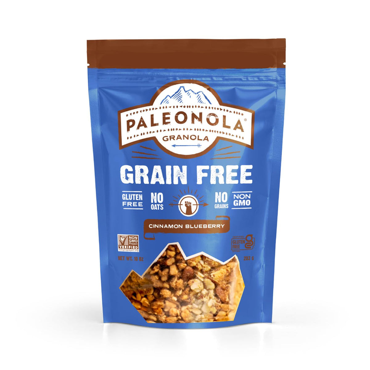 Paleonola Cinnamon Blueberry granola bag with visible flakes and berries for a gluten-free snack.