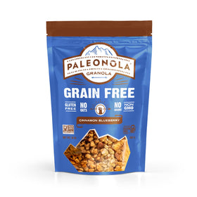 Paleonola Cinnamon Blueberry granola bag with visible flakes and berries for a gluten-free snack.