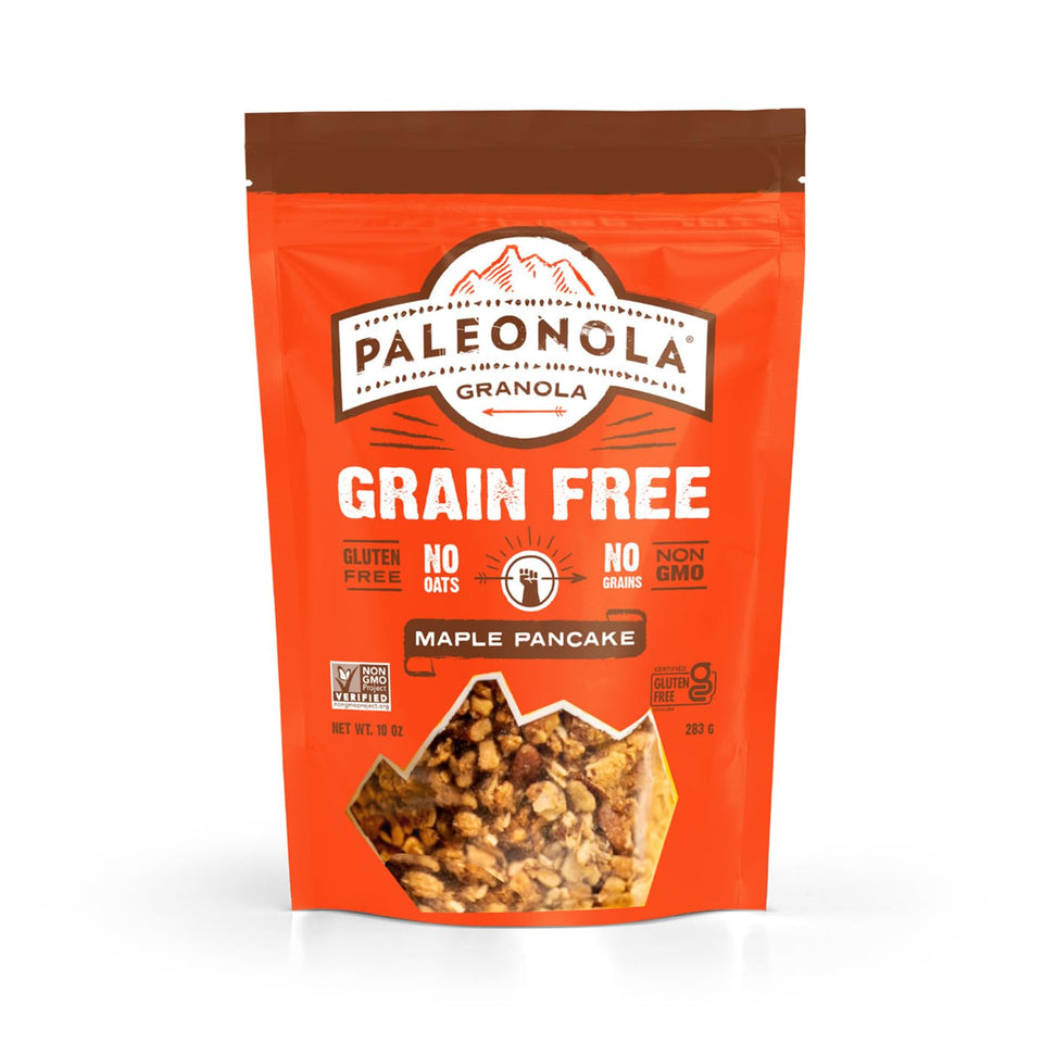 Paleonola Maple Pancake grain-free granola bag shows gluten-free snack option
