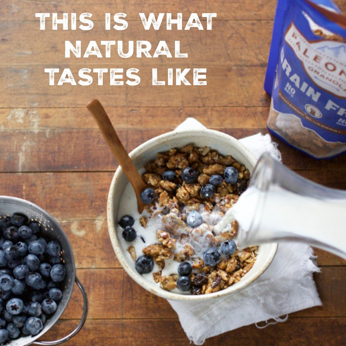 Paleonola organic maple syrup drizzle over granola highlights natural sweetener.