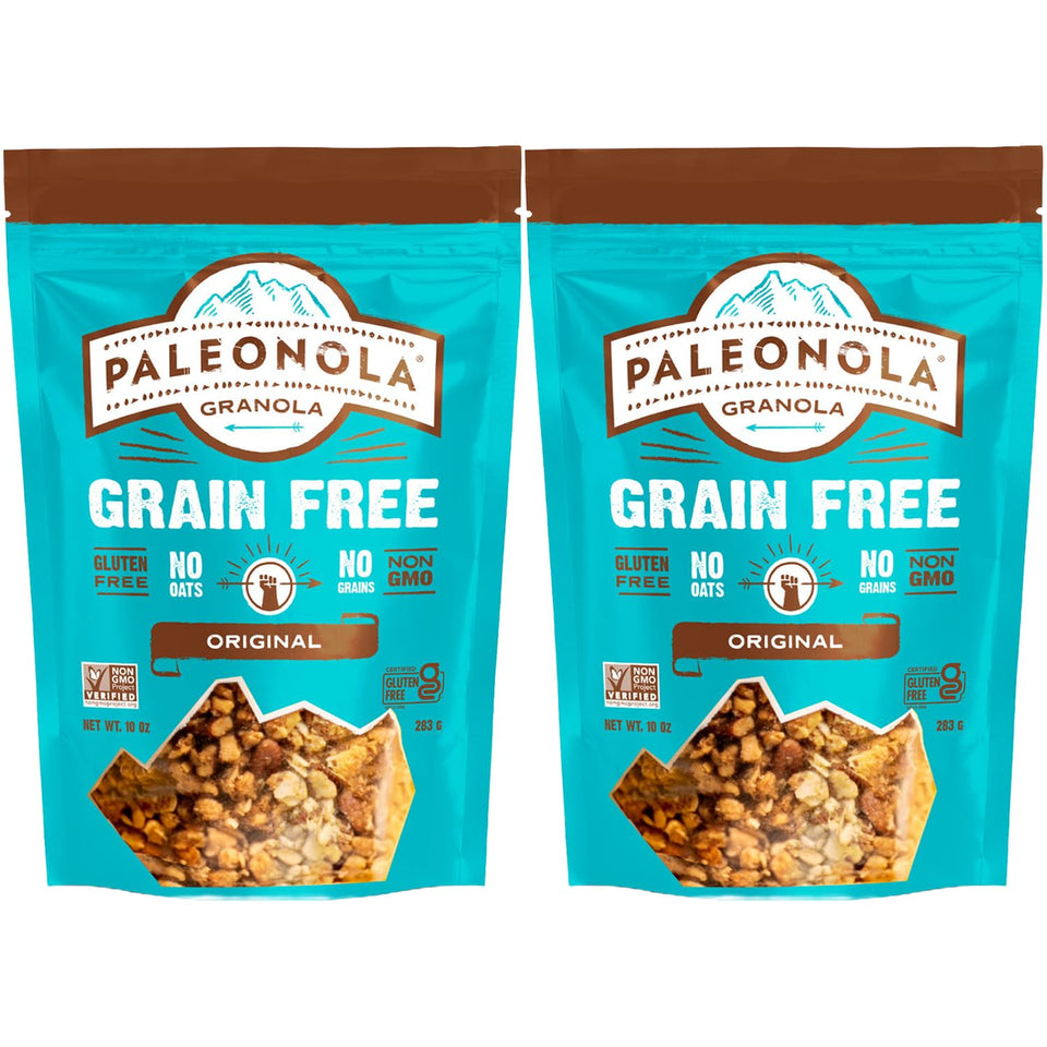 Paleonola Original grain-free granola bag with resealable lid, ideal for on-the-go snacking.