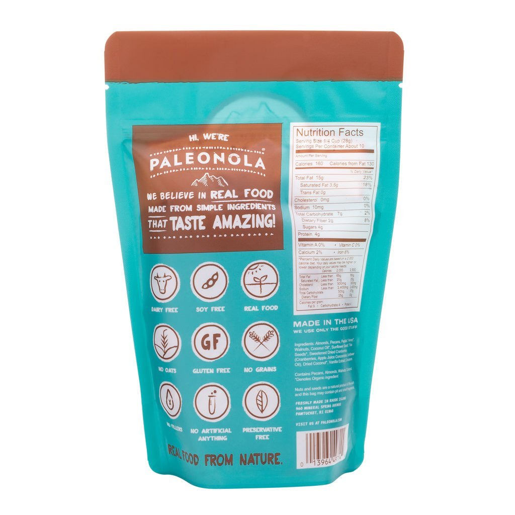 Paleonola Original granola being poured from resealable bag for a snack.