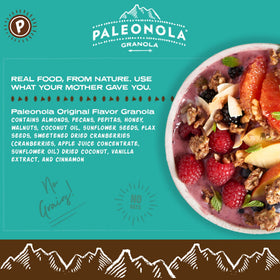 Paleonola Original granola in a yogurt bowl with honey drizzle.