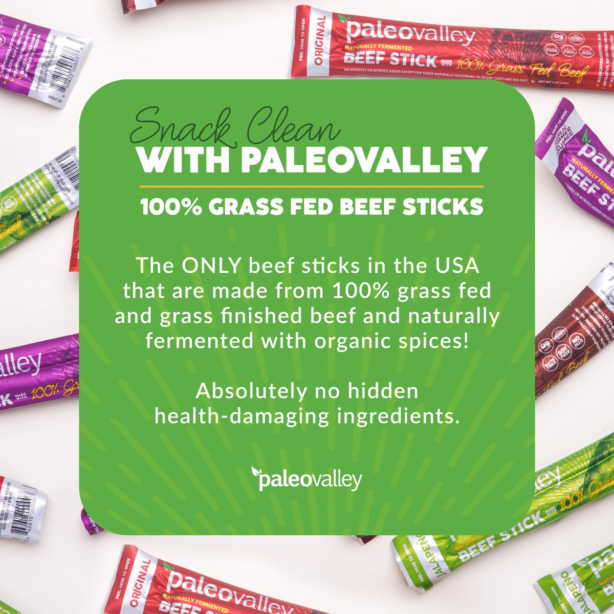 Paleovalley beef sticks ingredients label—gluten-free, grain-free assurance
