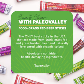Paleovalley beef sticks ingredients label—gluten-free, grain-free assurance
