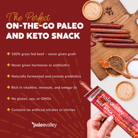 Paleovalley Beef Sticks with omega-3 and essential nutrients.