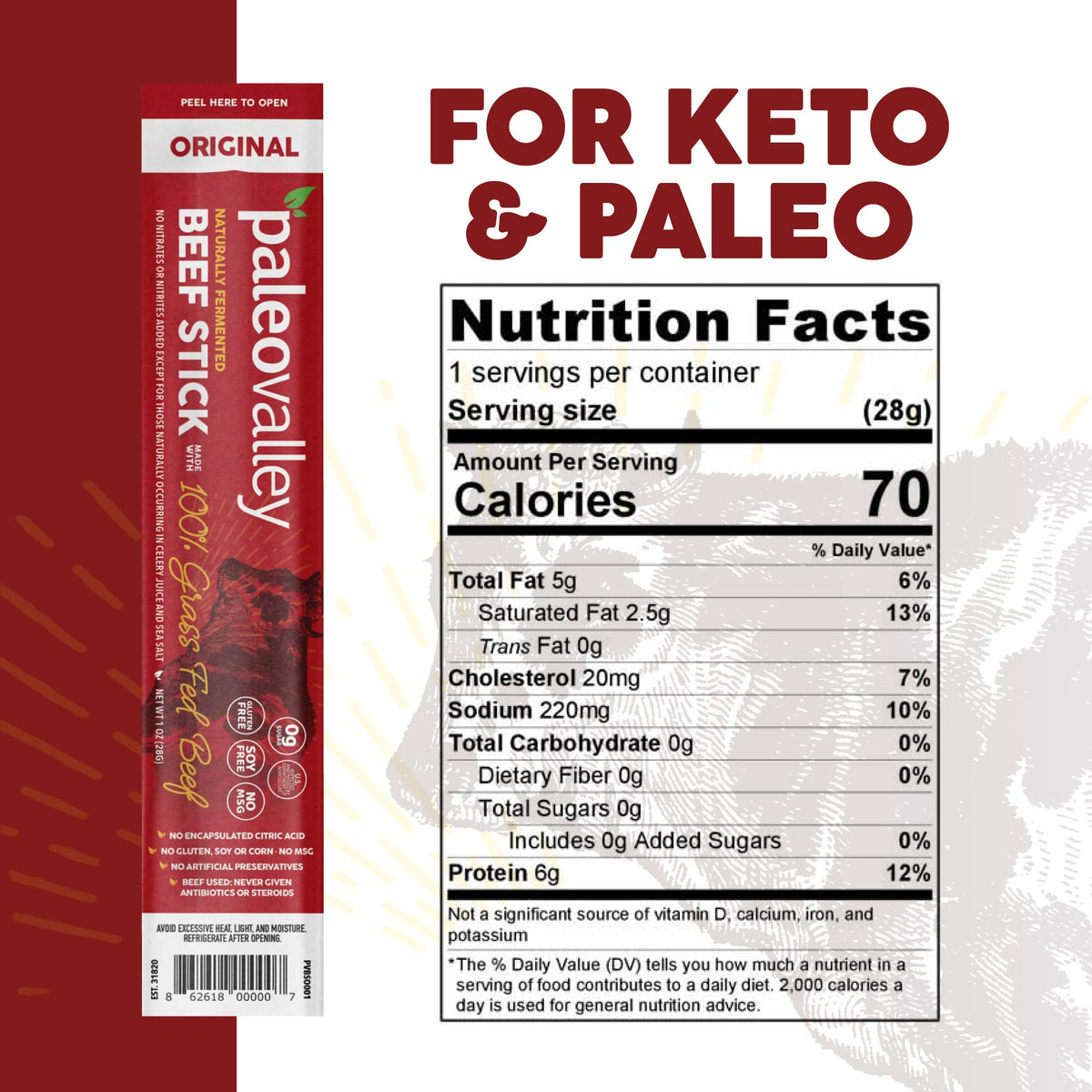 Paleovalley Grass-fed Beef Sticks packaging shows pasture-raised quality.