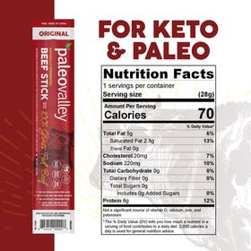 Paleovalley Grass-fed Beef Sticks packaging shows pasture-raised quality.